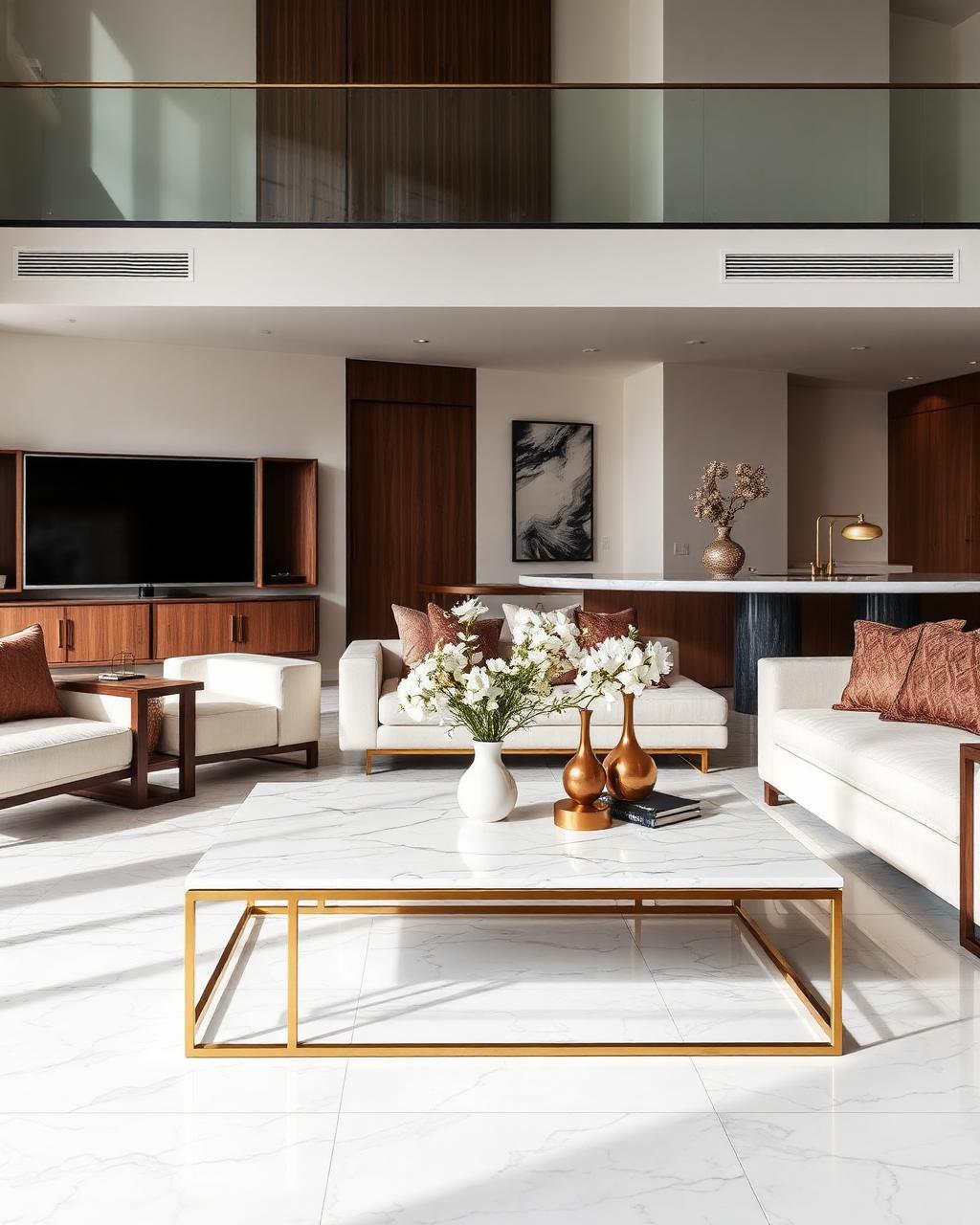 Luxury living room with marble coffee table