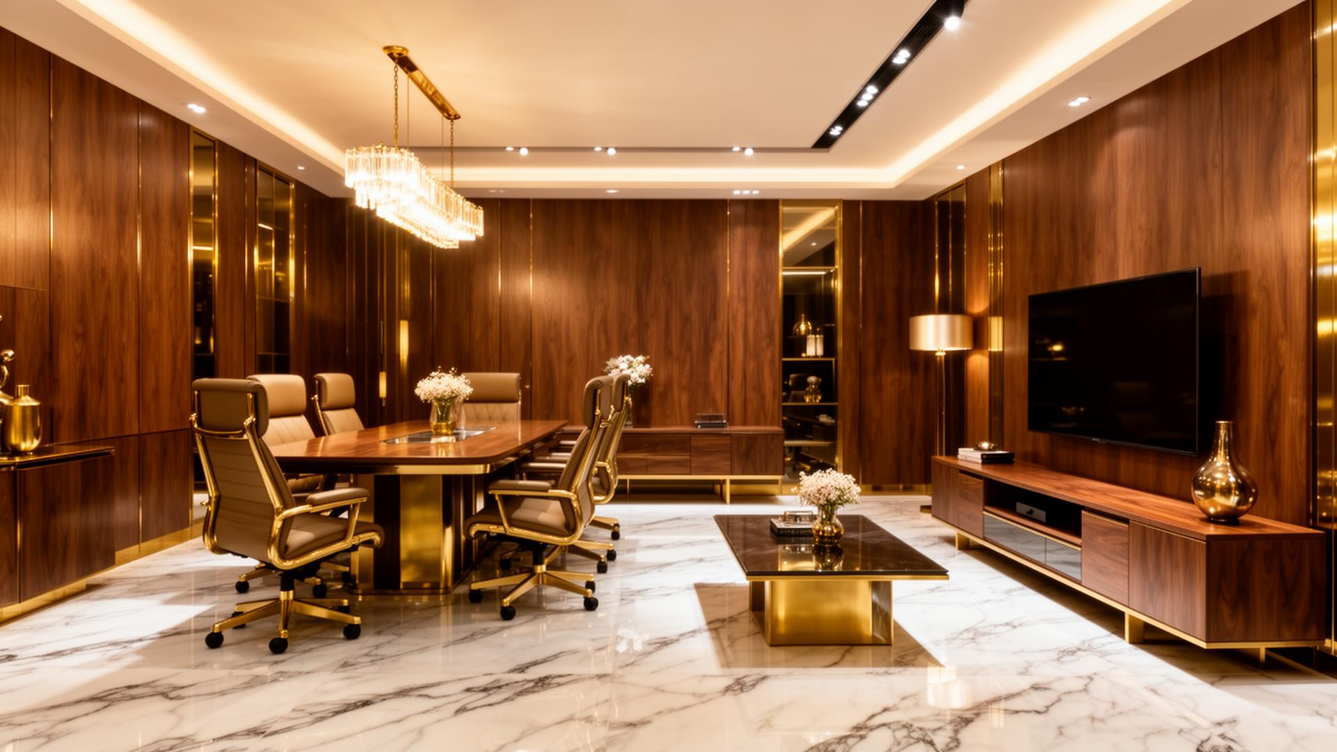 Luxury furniture showroom in Abuja with walnut wood, gold accents and marble